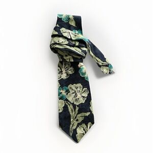 Bachrach 100% SILK Tie Navy Green Tan Floral Abstract Pattern Made in USA